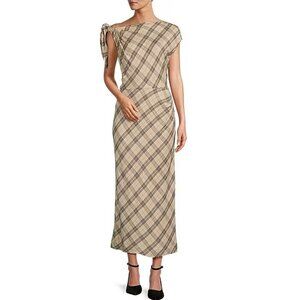 NEW Antonio Melani Tan Brown Addison Plaid Short Sleeve Midi Dress One Shoulder